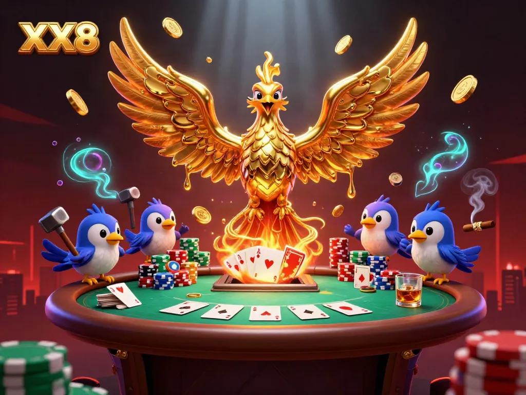 Experience the excitement of XX8 with a dynamic scene of a golden phoenix and vibrant casino elements.