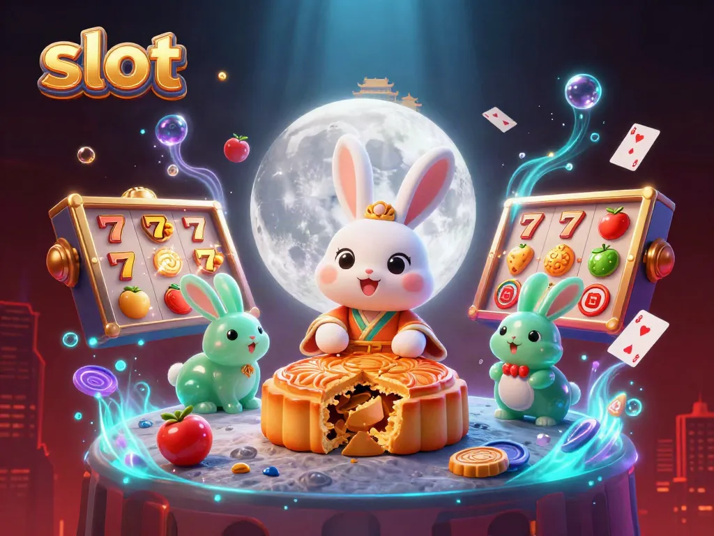Memenangkan slot dengan ilustrasi kartun bulan, simbol keberuntungan, dan elemen perjudian.