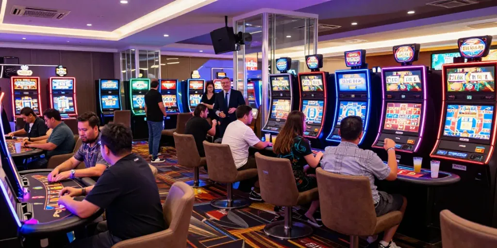 Engaging atmosphere of players at a casino environment highlighting Link M88's vibrant gaming experience.
