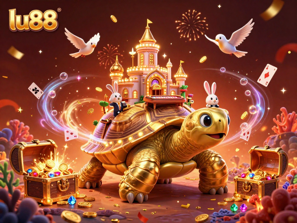 Experience thrilling gameplay at lu88 with a vibrant casino scene featuring a golden tortoise and a rabbit dealer.