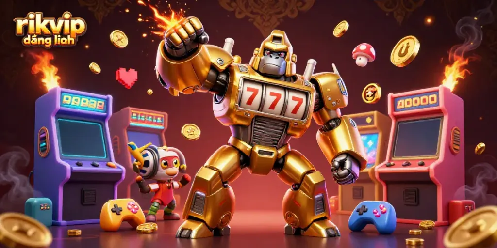 Explore the thrilling world of rikvip đăng nhập with a cartoon golden gorilla mech surrounded by gaming elements.