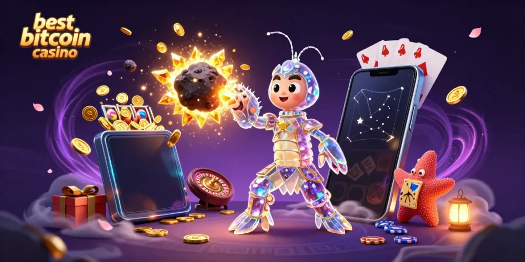 Engage in the excitement of the best bitcoin casino with a vibrant 3D scene of a galactic samurai amidst dynamic gaming elements.