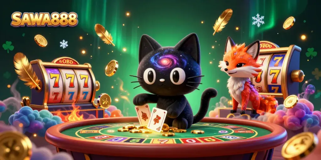 SAWA888 engages players with dynamic slot features and cosmic themes in this vibrant 3D illustration.