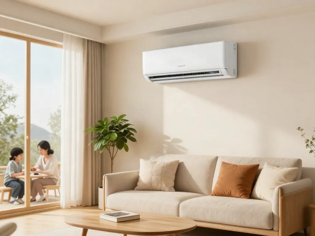 24000 btu mini split air conditioner cooling a modern living room with natural light, showcasing comfort and style.