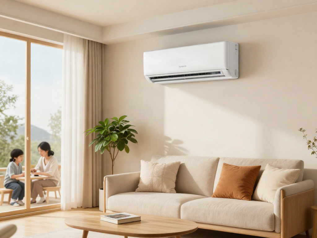 24000 btu mini split air conditioner cooling a modern living room with natural light, showcasing comfort and style.