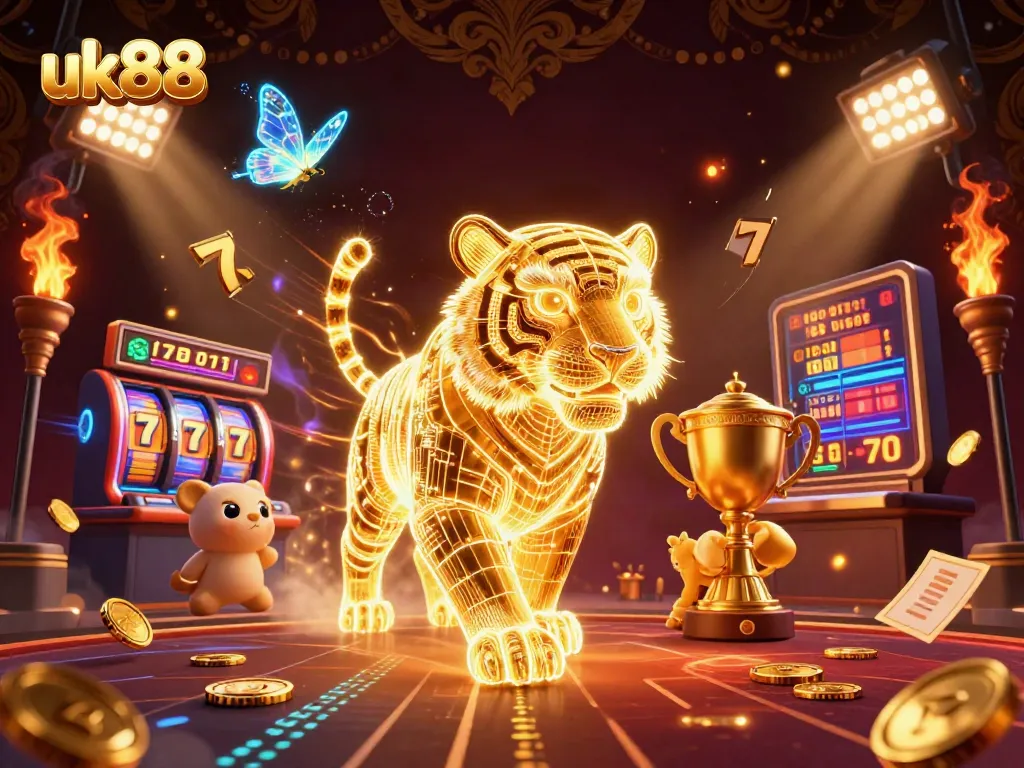 Experience thrilling moments at uk88 with a dynamic casino scene filled with vibrant slot elements and action.