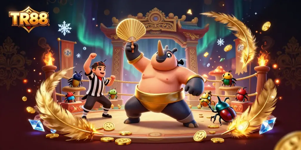 Experience TR88 with a thrilling 3D casino illustration showcasing a beetle champion and dynamic betting elements.