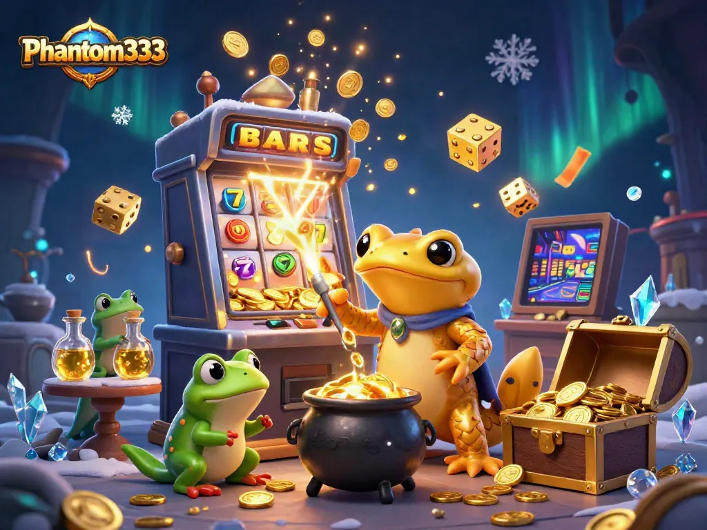 Phantom333 captivating online casino illustration, showcasing a gold coin explosion, slot machine, and magical atmosphere.