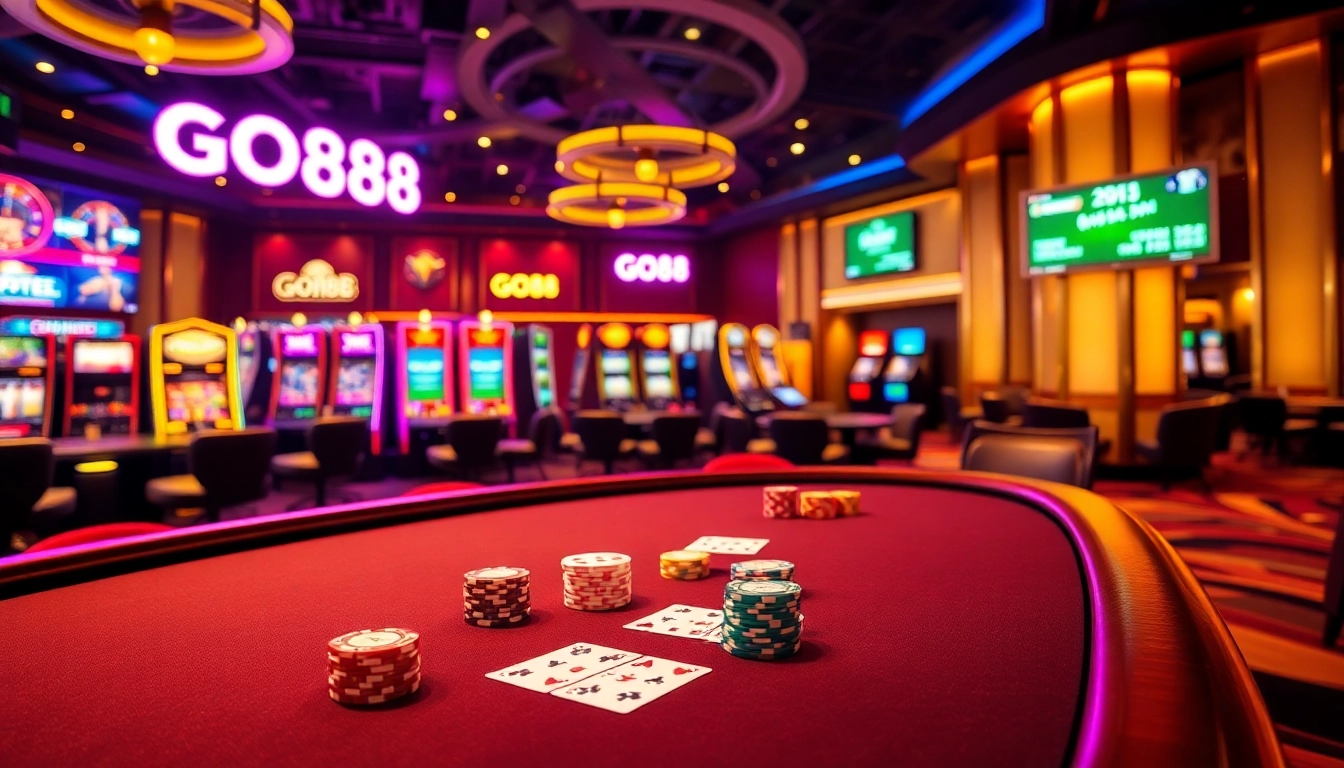 Experience the vibrant GO88 casino atmosphere featuring poker and slot machines for thrilling gameplay.