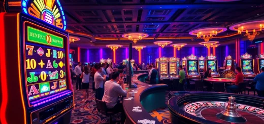 Nổ hũ slot machine with enthusiastic players in a vibrant casino atmosphere.