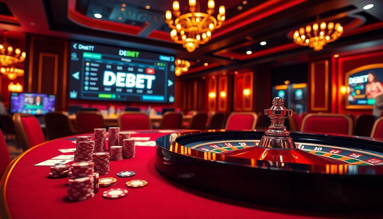 Engaging in a thrilling poker game at DEBET's luxurious casino table, showcasing vibrant gameplay.