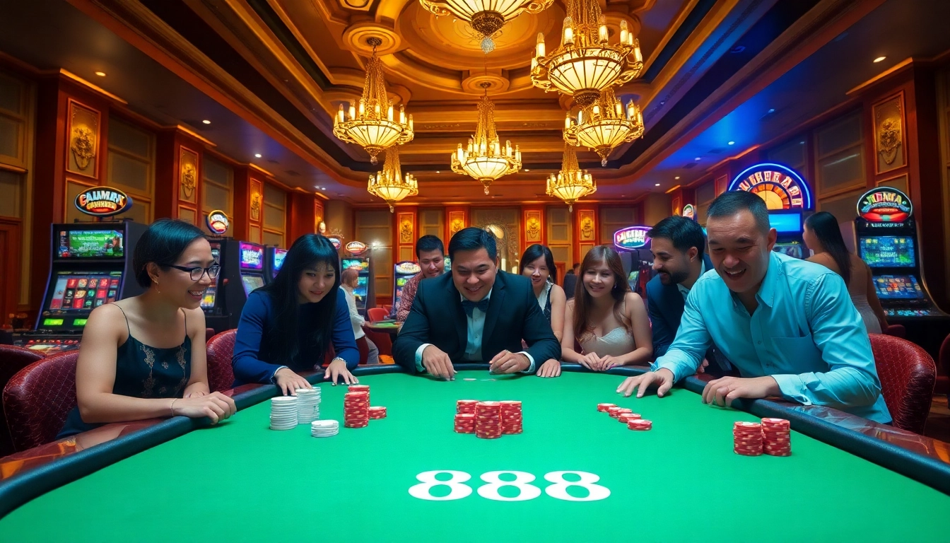 Experience U888 excitement at a vibrant casino table with diverse players and lively gaming.