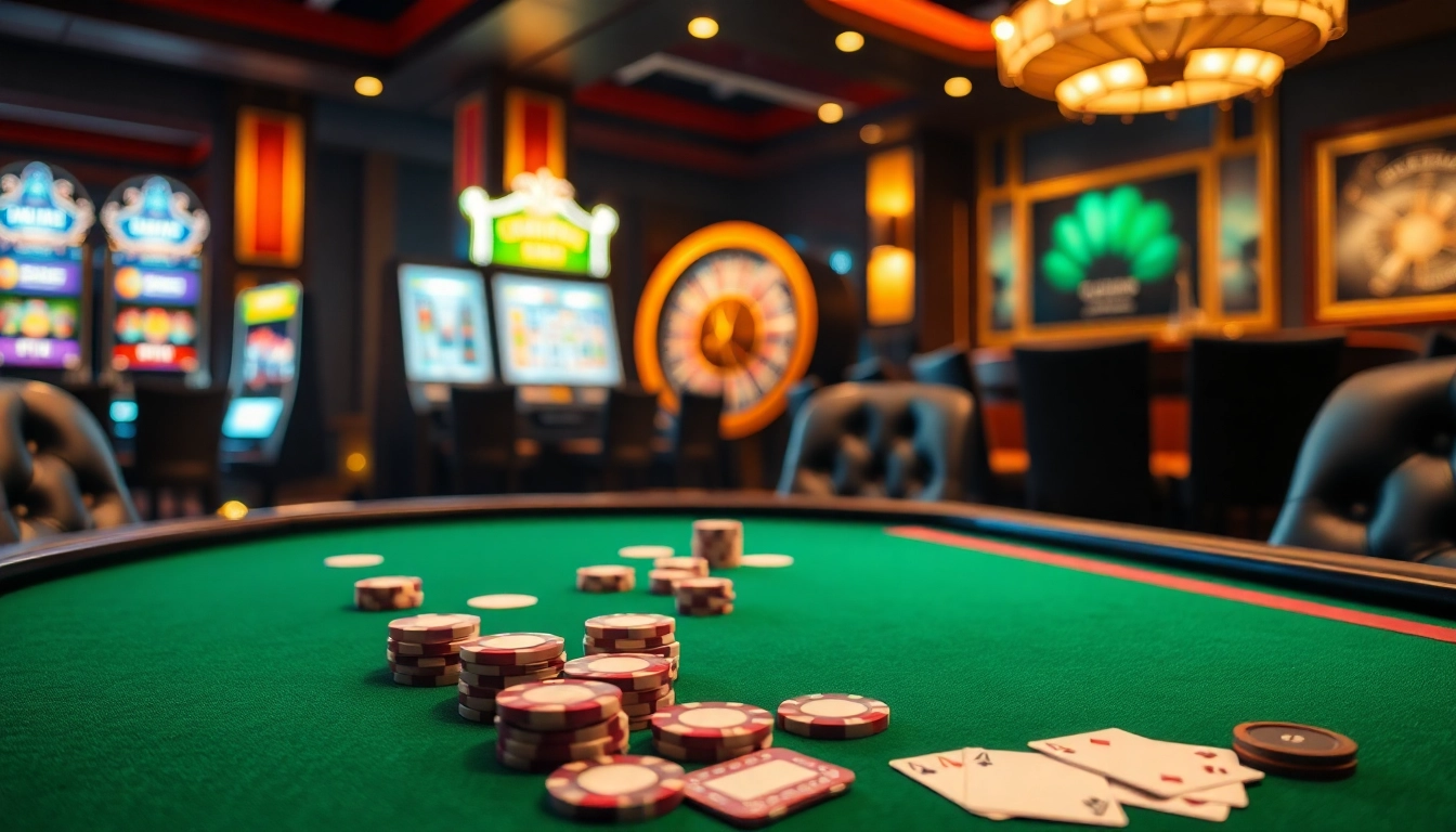 Cổng Game XIN88 featuring a luxurious casino table with poker chips and lively slot machines.