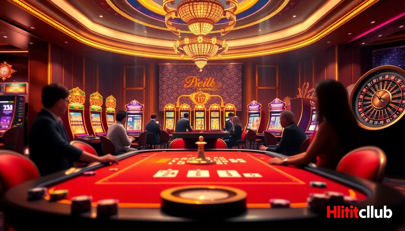 Hitclub players strategizing over a luxurious casino table surrounded by vibrant slot machines.