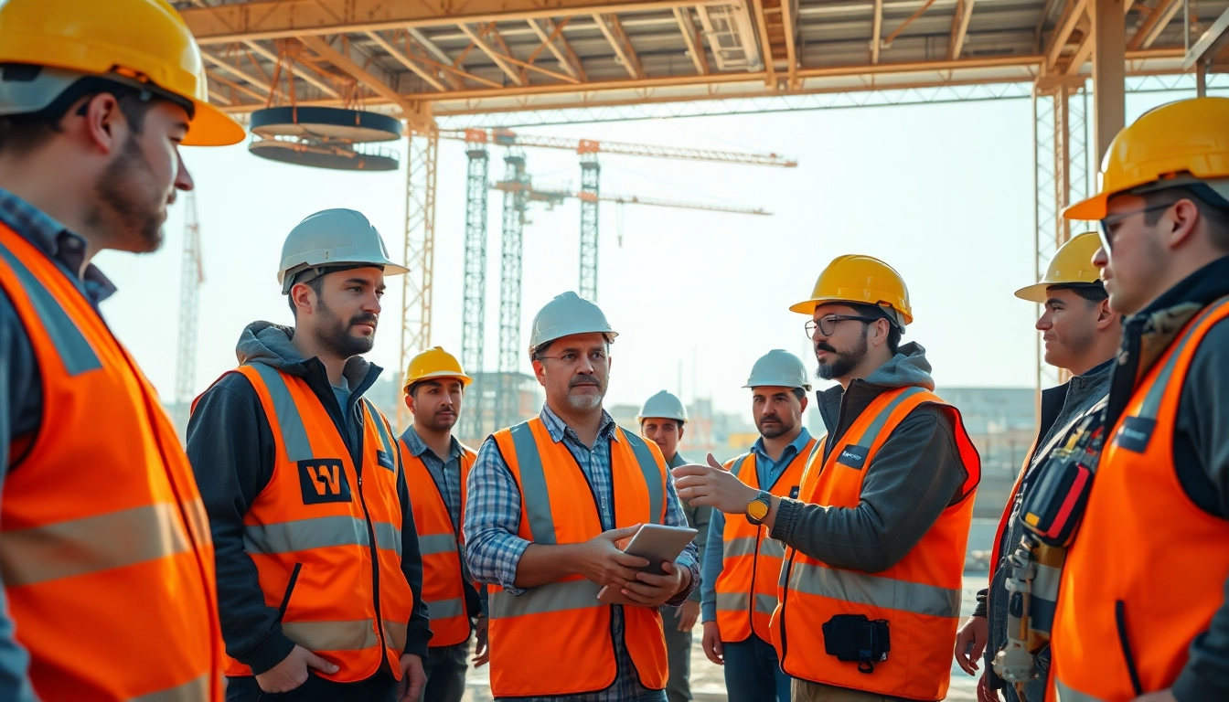 Engaging construction site safety training with workers wearing safety gear, highlighting safety practices.