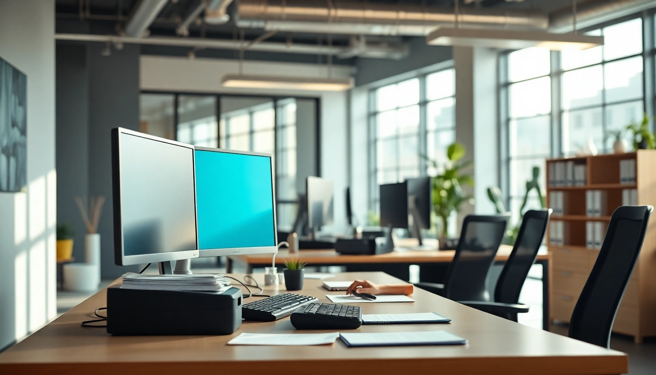 Efficient workspace in a Typing Center showcasing modern technology and organization.