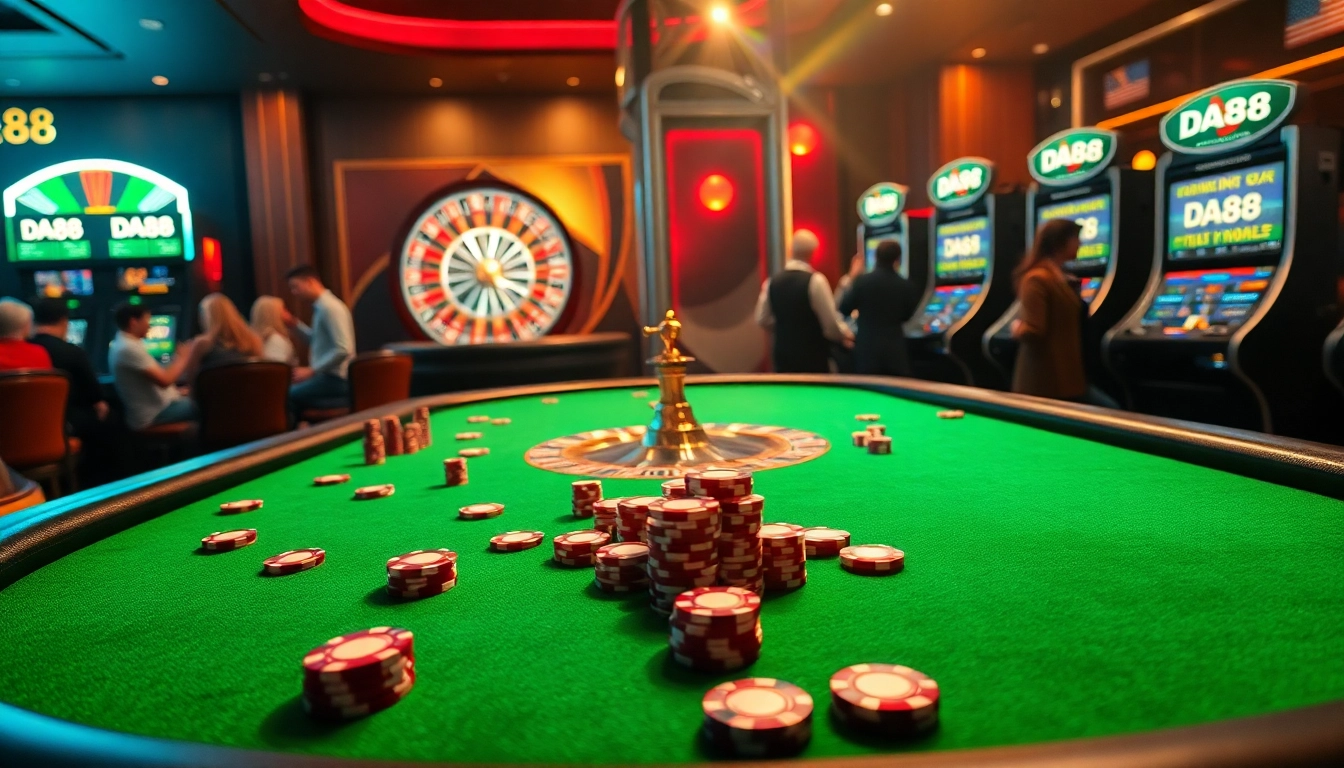 Experience thrilling casino action with DA88, featuring vibrant poker tables, roulette wheels, and digital slots.