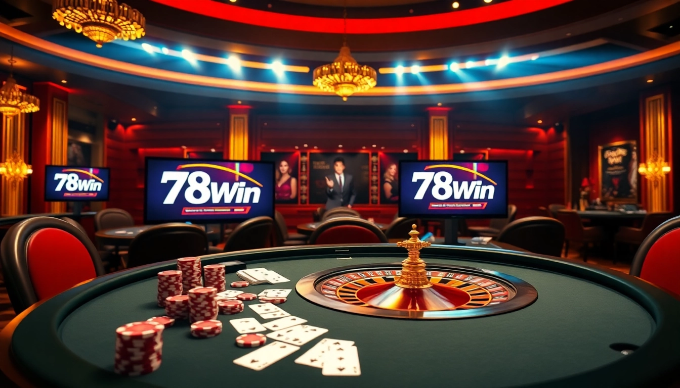 Exciting casino scene highlighting 78Win gaming interface with poker chips and roulette wheel.