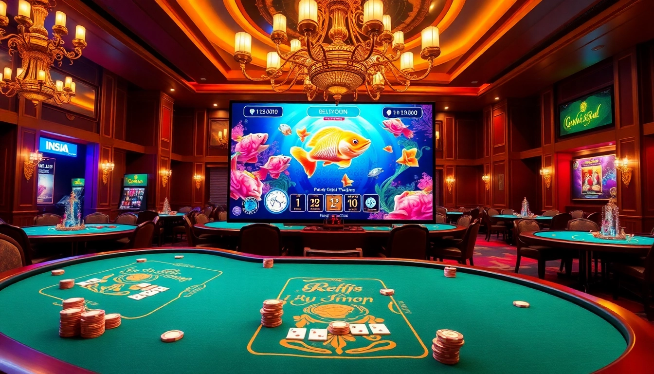 Bắn cá đổi thưởng, a lively casino scene with animated graphics and engaged players, showcasing luxury gambling.