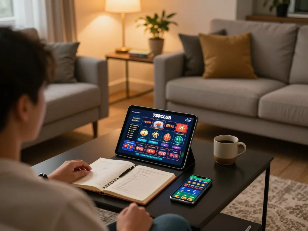 Engaging gameplay at 789CLUB on a tablet, showcasing a cozy home atmosphere with strategic betting notes.