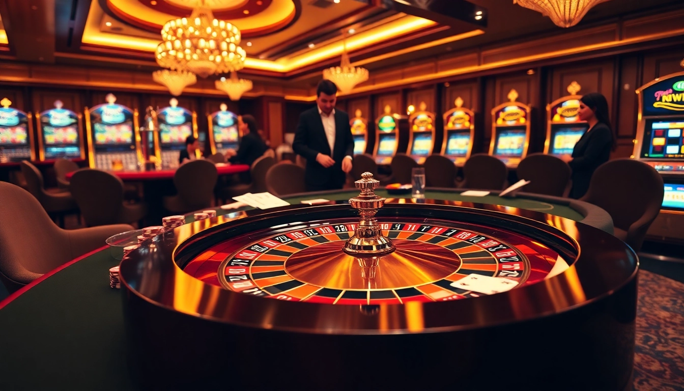 Experience the excitement of gambling at F168 with players at a roulette table surrounded by vibrant casino elements.