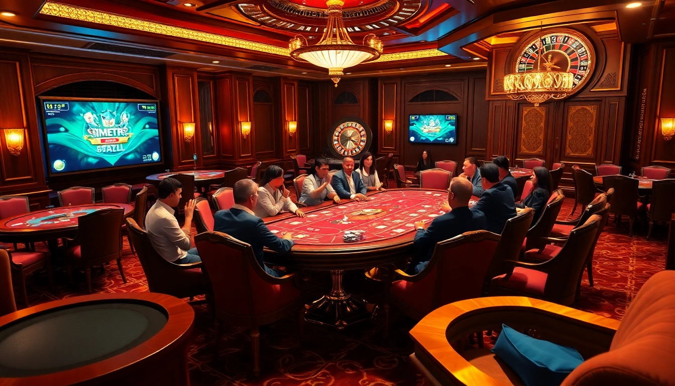 Engaged players enjoy an exciting poker game on a luxurious casino floor, highlighting km88 com link.