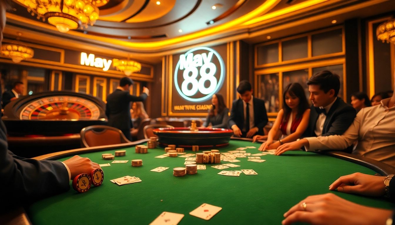 Intense poker game at MAY 88's luxurious casino with vibrant ambiance and excited players.