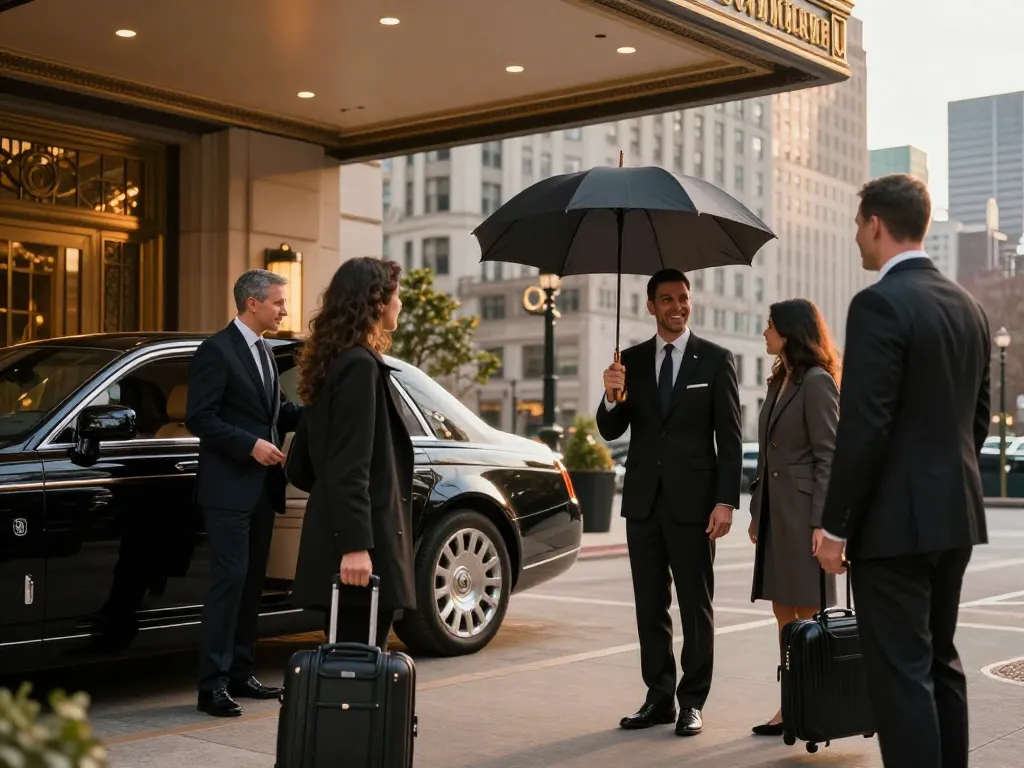 Chauffeur service welcoming guests at a luxury hotel in Chicago with elegant sedan.