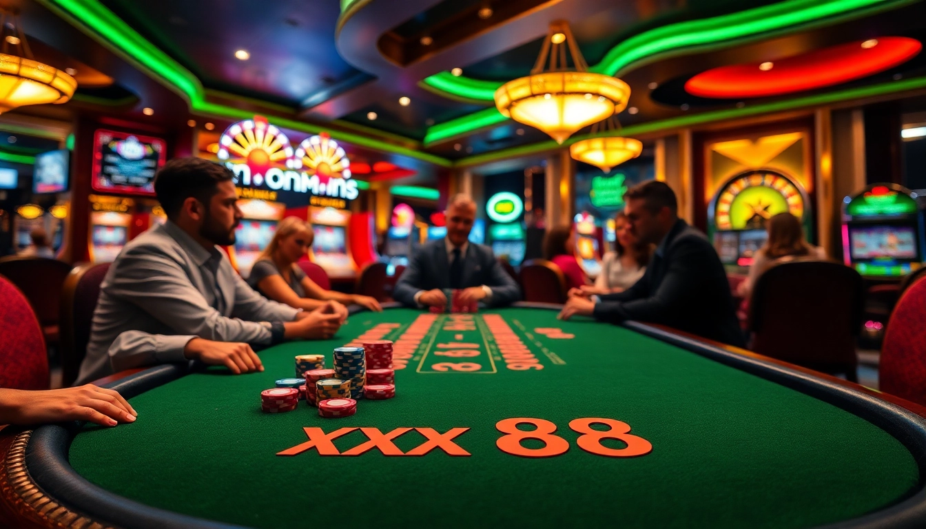 Engage in thrilling gameplay at xx 88's poker table, surrounded by vibrant slot machines and roulette wheels.