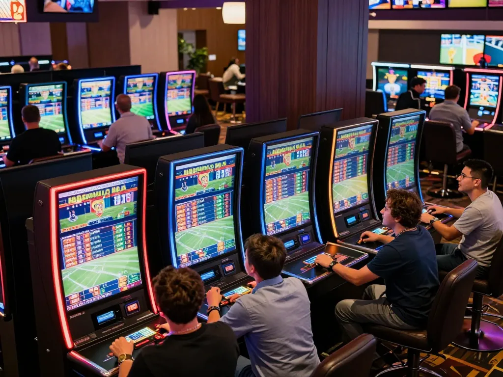 Sports fans placing strategic bets at vipwin betting kiosks in a dynamic casino atmosphere