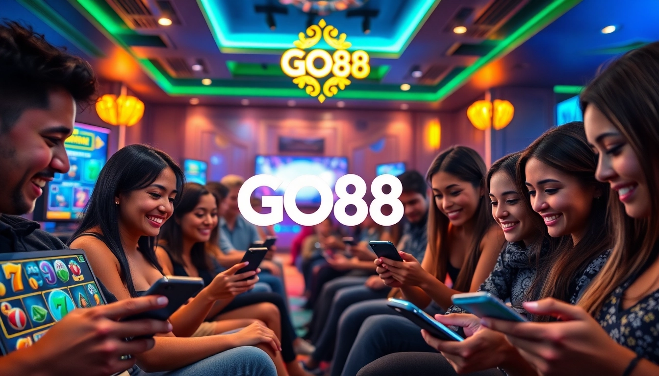 Players enjoying the GO88 gaming experience in a modern lounge setting, showcasing excitement and engagement.
