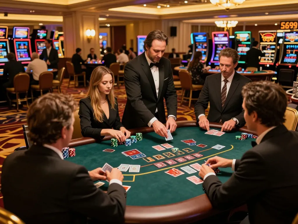 Players engaging with the blackjack table at 5699 casino, showcasing a high-stakes atmosphere.