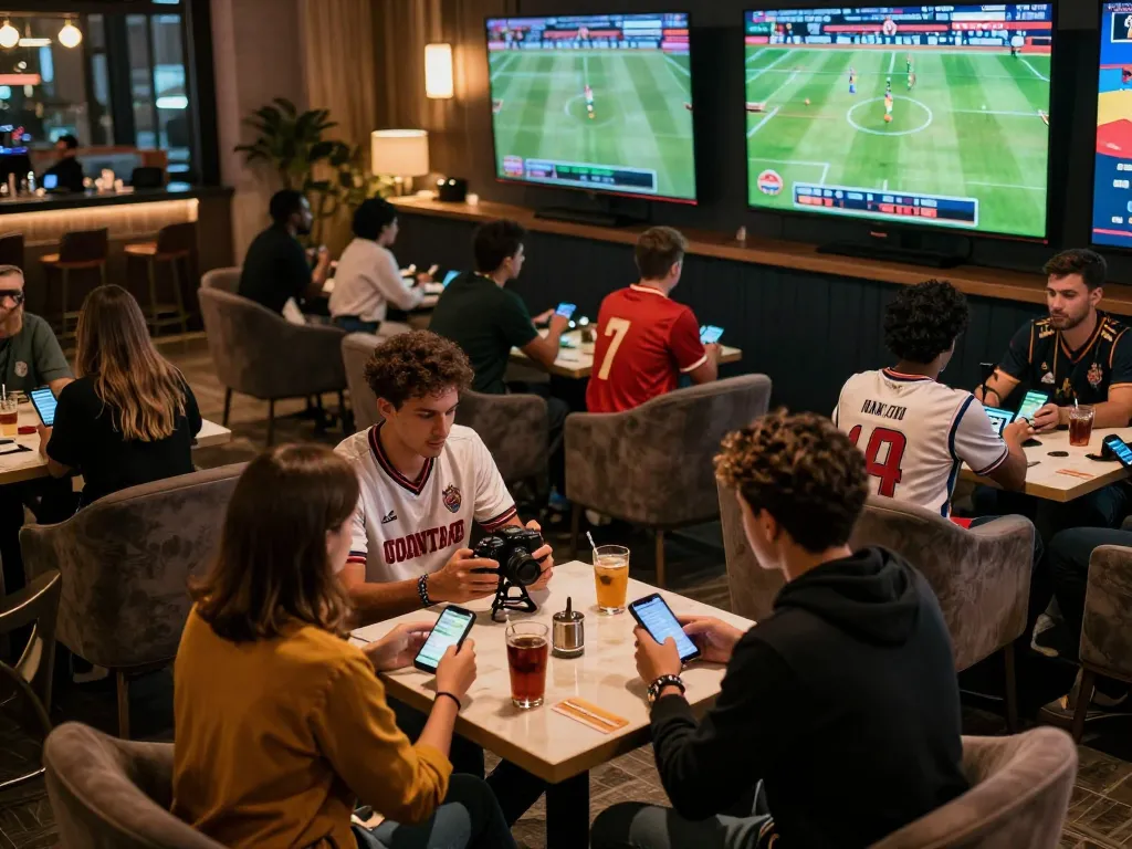 Betting excitement at https://rr88.select/ with friends enjoying live sports in a lively lounge setting.