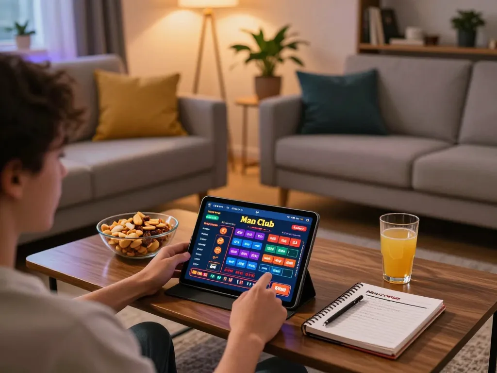 Engaging in strategic gaming at the Man Club online casino on a tablet in a cozy living room.