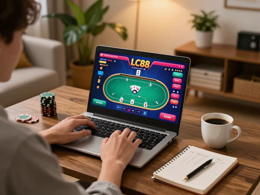 Player enjoying online gaming at home with LC88 interface on laptop and strategic notes nearby