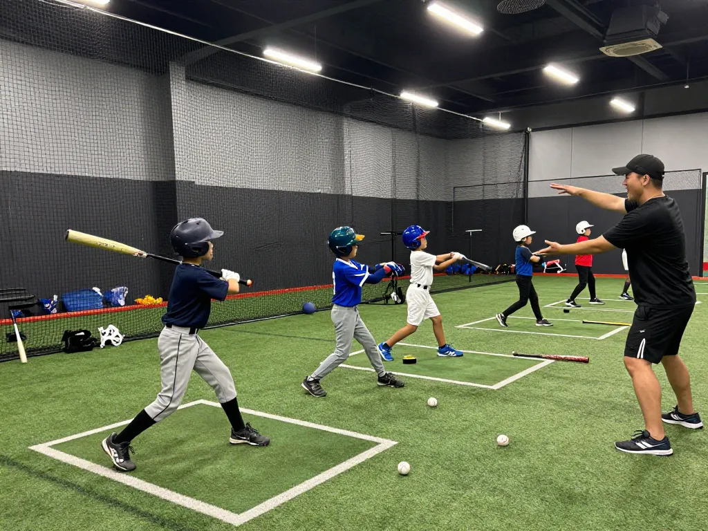 Hitclub athletes training in batting cages, focused on skill improvement in a vibrant indoor setting.