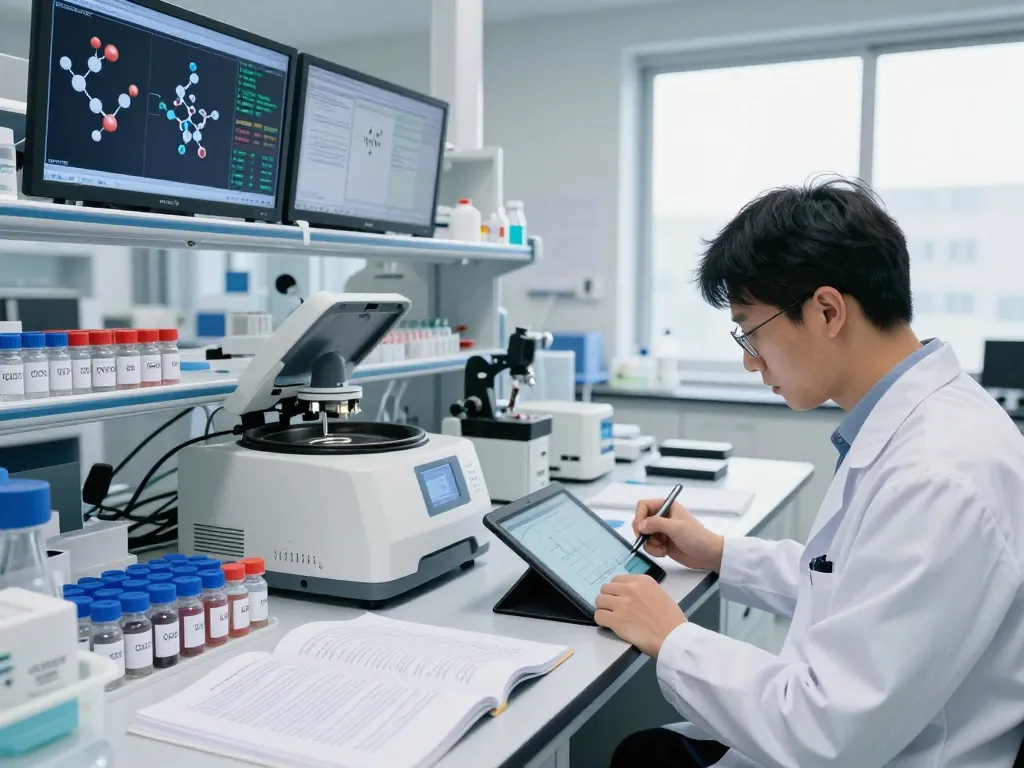 Scientist analyzing peptide samples in a high-tech lab setting, focusing on CJC1295 Ipamorelin research with advanced equipment.