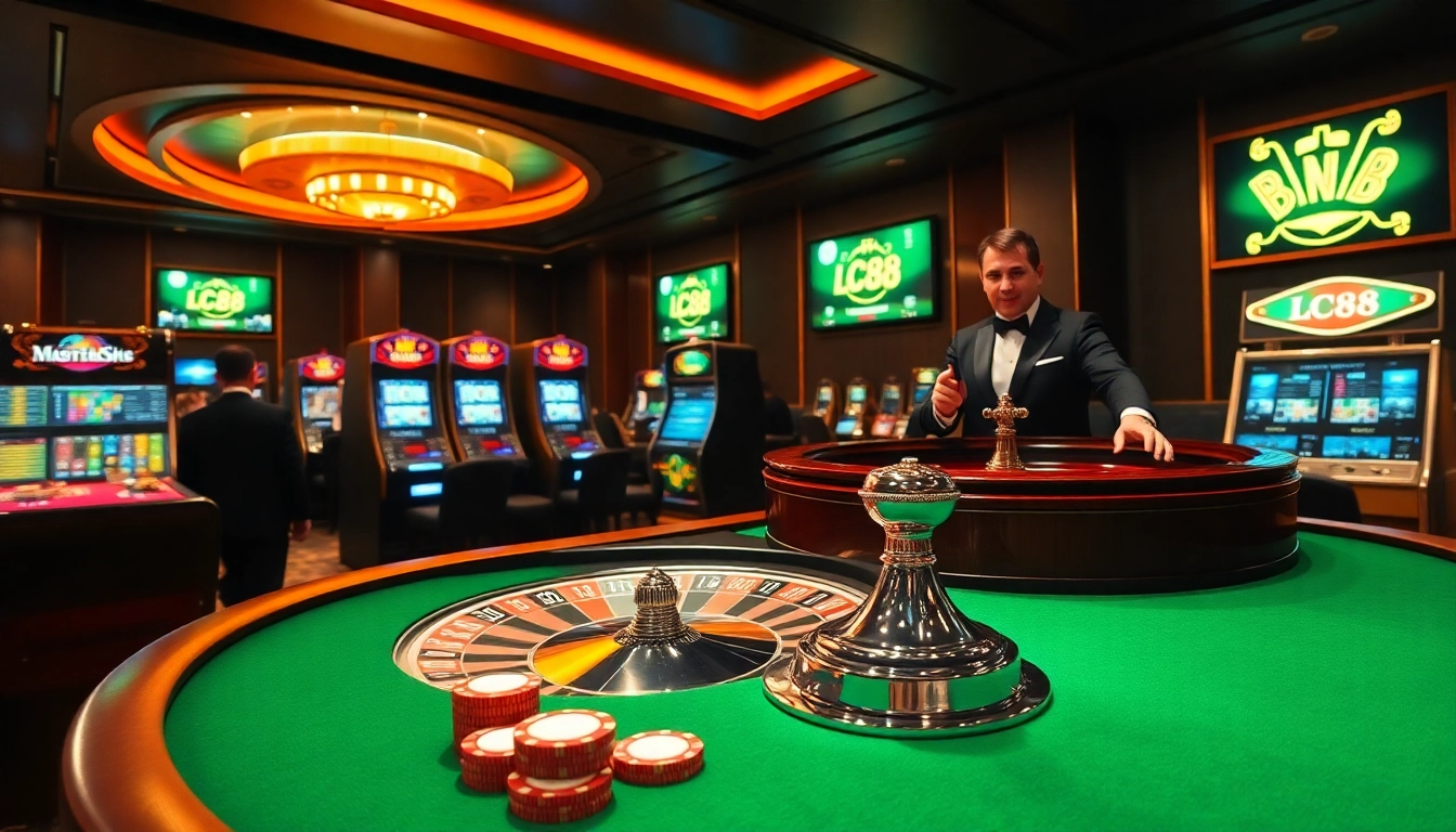 Engaging players enjoying the excitement of LC88 Casino with vibrant gaming tables and illuminated slot machines.