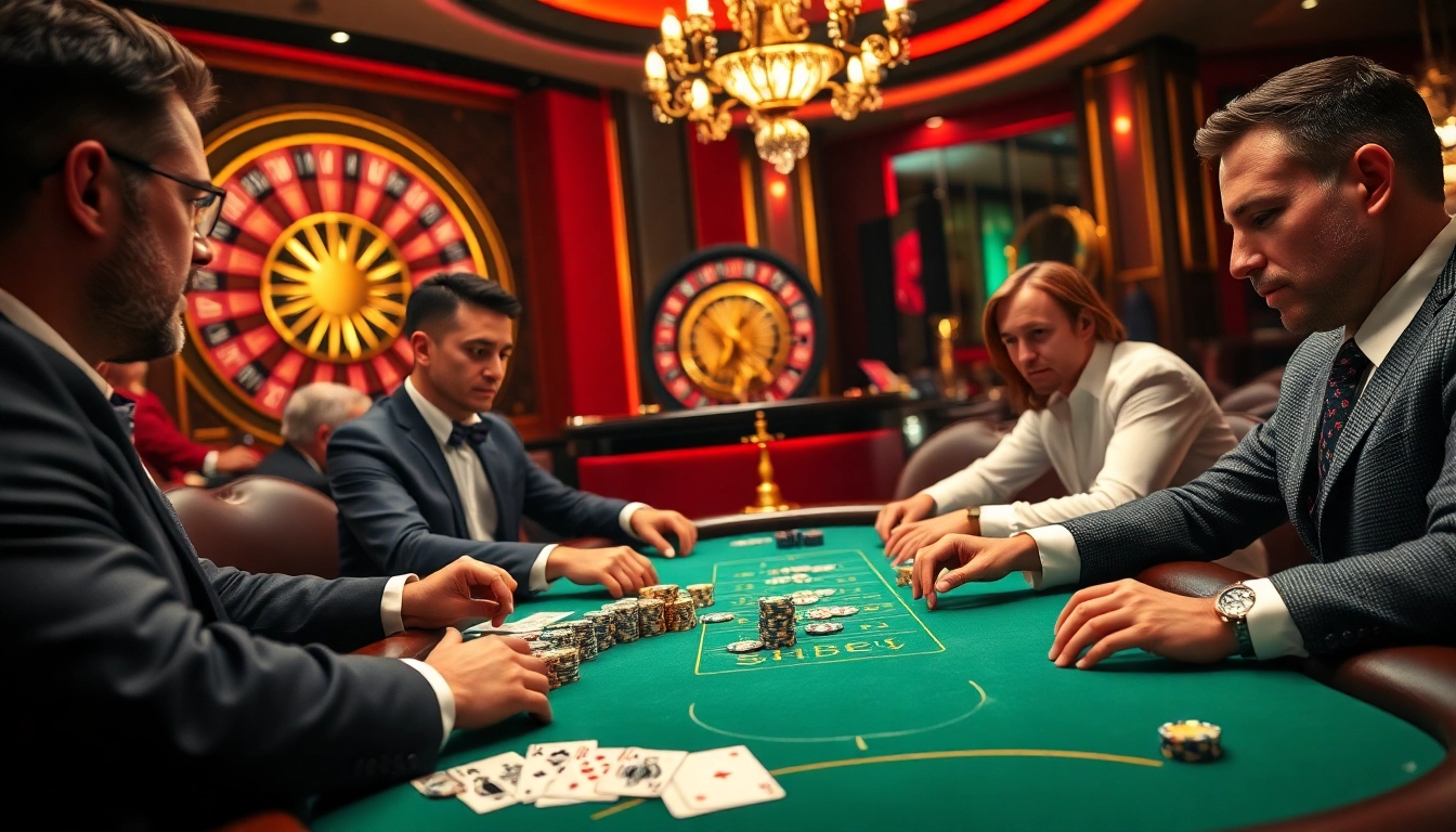Shbet players enjoying an intense poker game at a luxurious casino table.