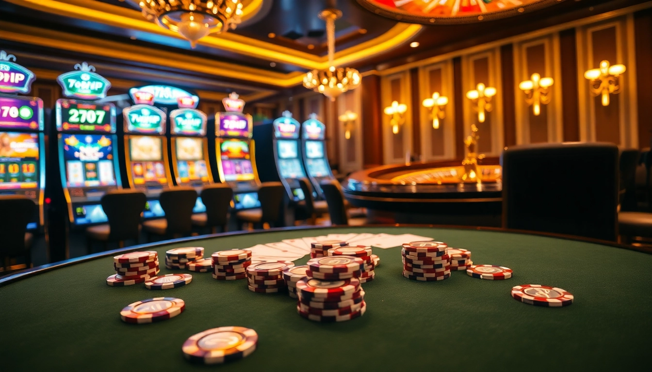Engaging gaming experience at 789p vip casino with poker, dice, and vibrant slot machines.