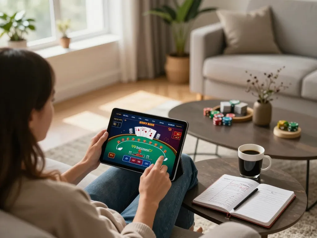 Engage in thrilling online gaming with an expert setup showcasing https://f168biz.com/ poker interface, strategic betting notes, and a cozy environment.