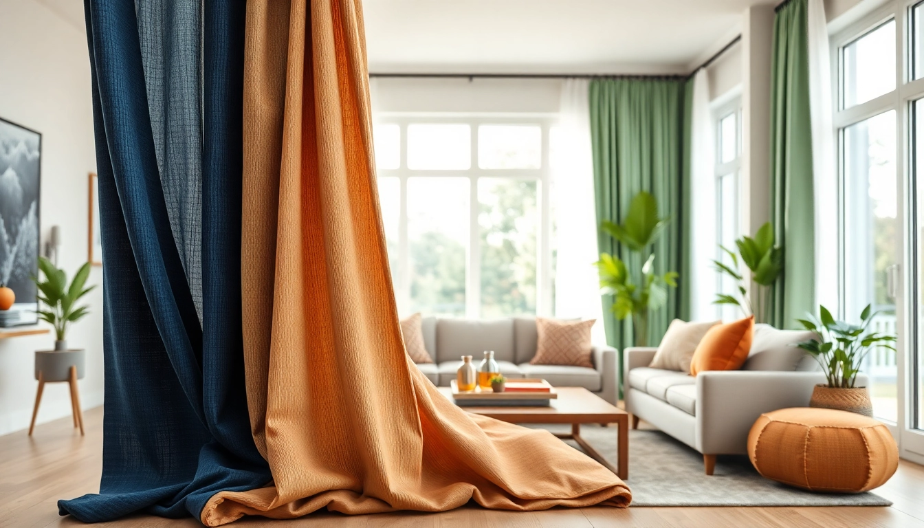 Stof voor gordijnen in diverse kleuren, prachtig weergegeven in een modern interieur.