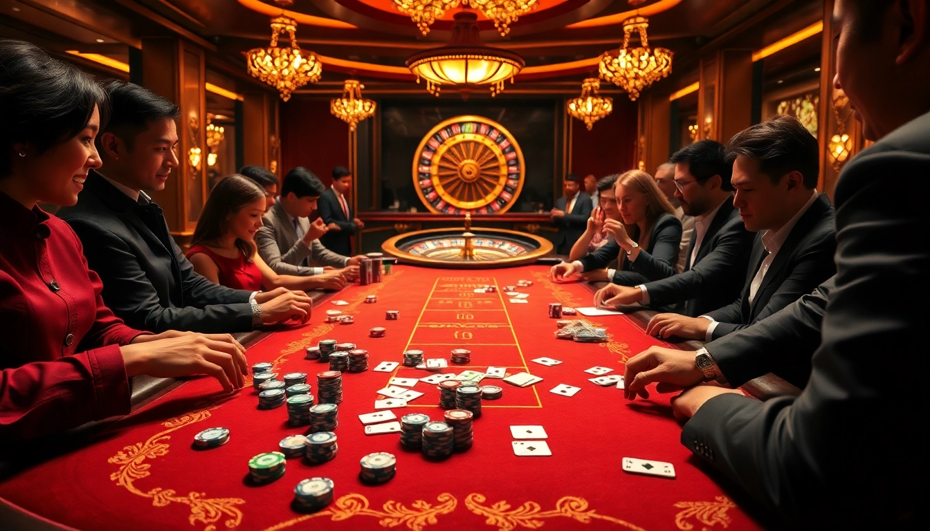 Players engaging at a QQ88 casino table, showcasing high-stakes excitement with poker chips and cards.