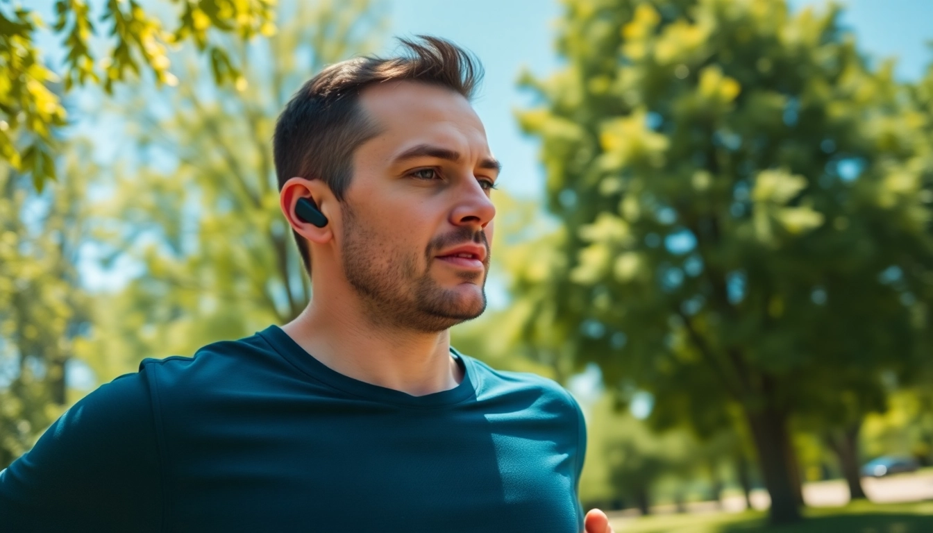 Runner wearing F1 Bone Conduction Headphones during an outdoor run in a sunny park.