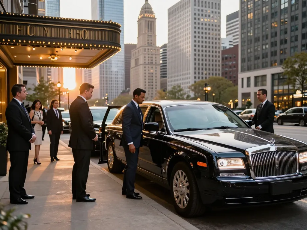 Limo company Plainfield IL chauffeur welcoming guests at a luxurious hotel in Chicago.