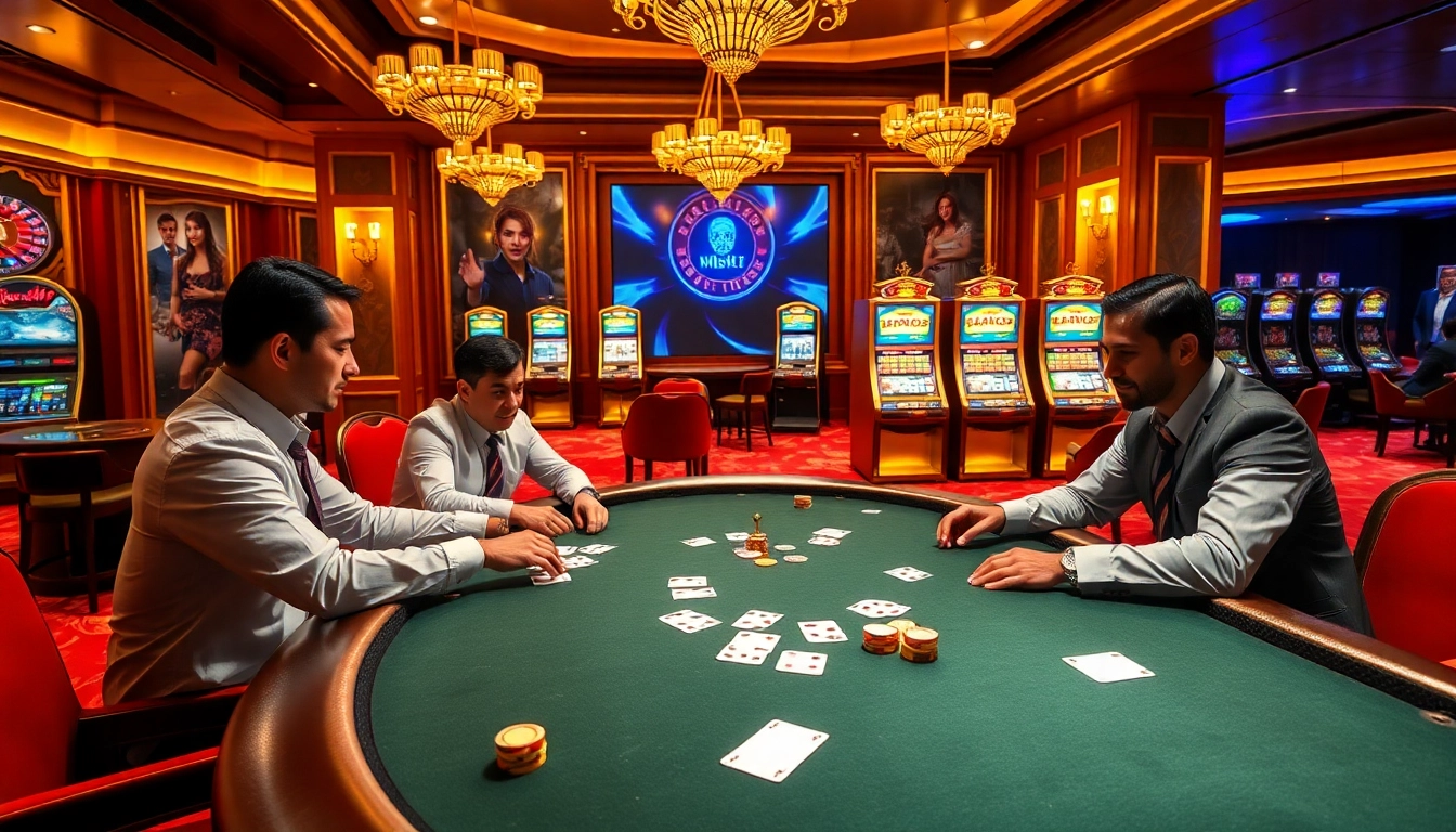 Mibet poker tournament showcasing intense players and vibrant casino atmosphere.