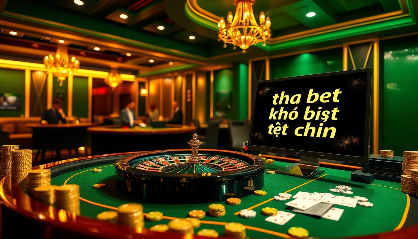 Experience the thrill of gambling with a vibrant scene showcasing thabet không bị chặn, featuring roulette and poker tables in action.