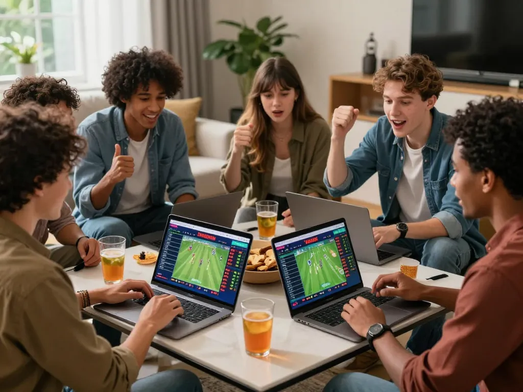 Friends excitedly discussing kèo nhà cái while analyzing live sports odds and statistics in a cozy betting environment.