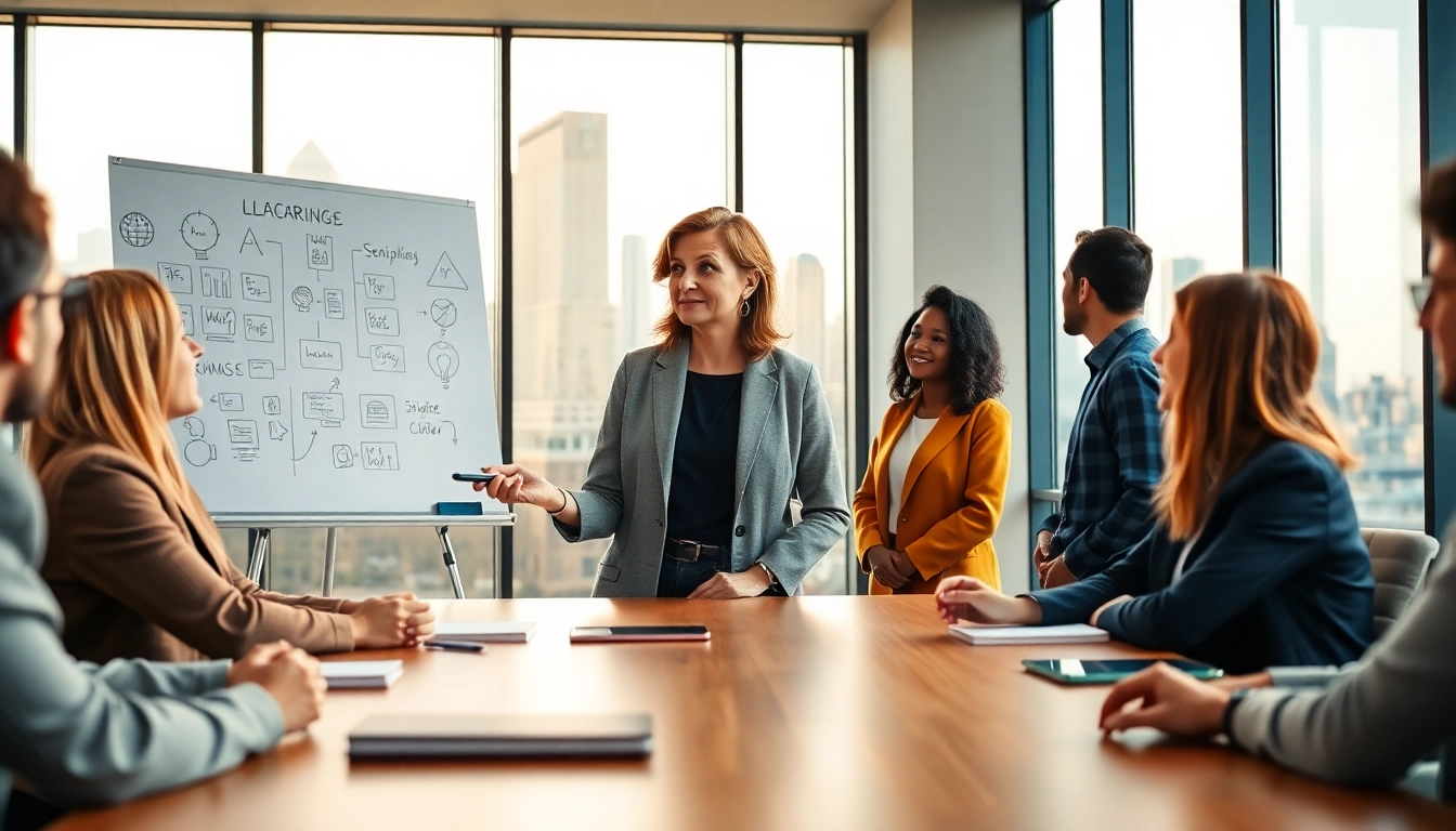 Leadership development coach guiding a diverse team in an inspiring office space.
