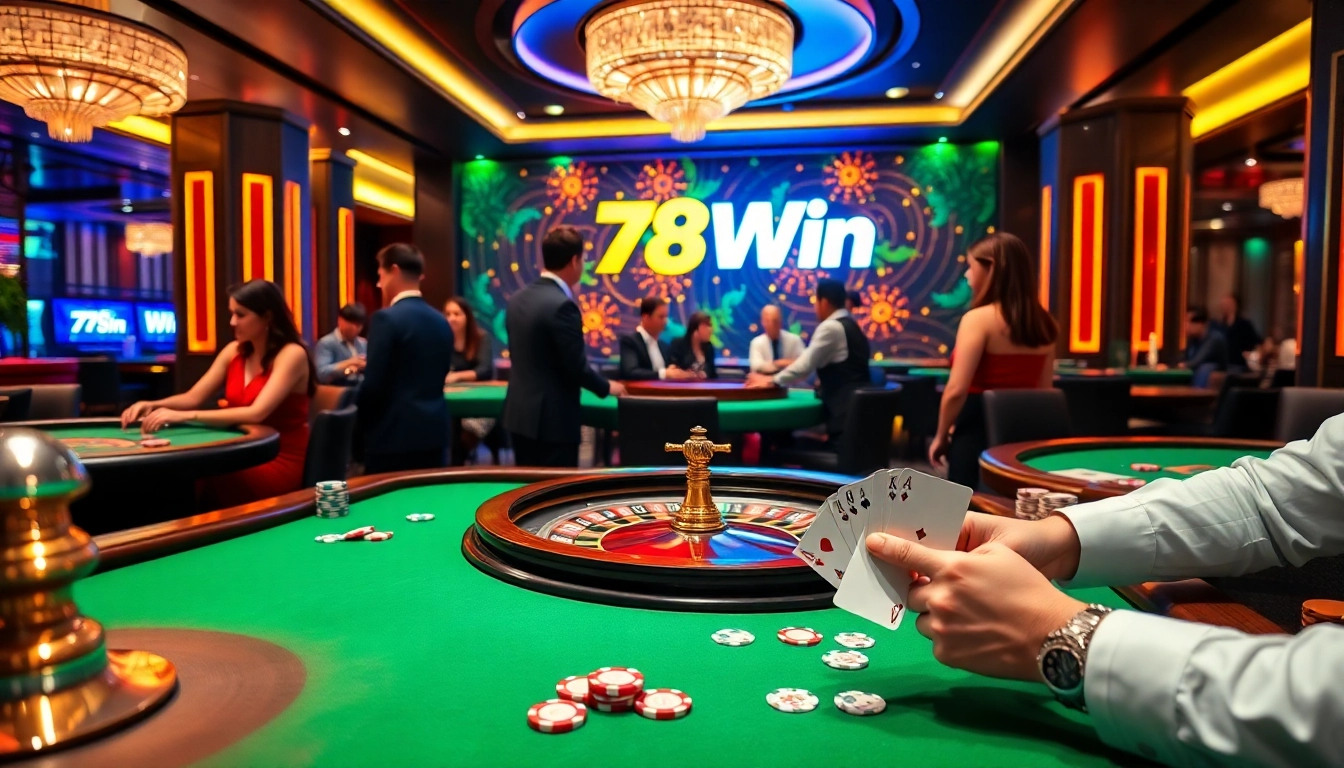 Players enjoying a thrilling game at 78Win casino with vibrant tables and exciting atmosphere.